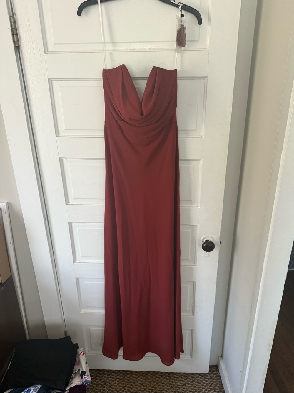 Jenny Yoo Liv Strapless Pebbled Crepe Cowl-Neck Maxi Dress in Rust